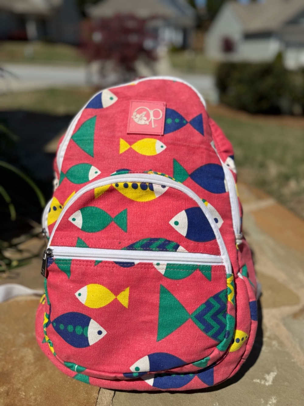 Vintage OP Ocean Pacific Kids Backpack Pink Fish Print Canvas School Bag